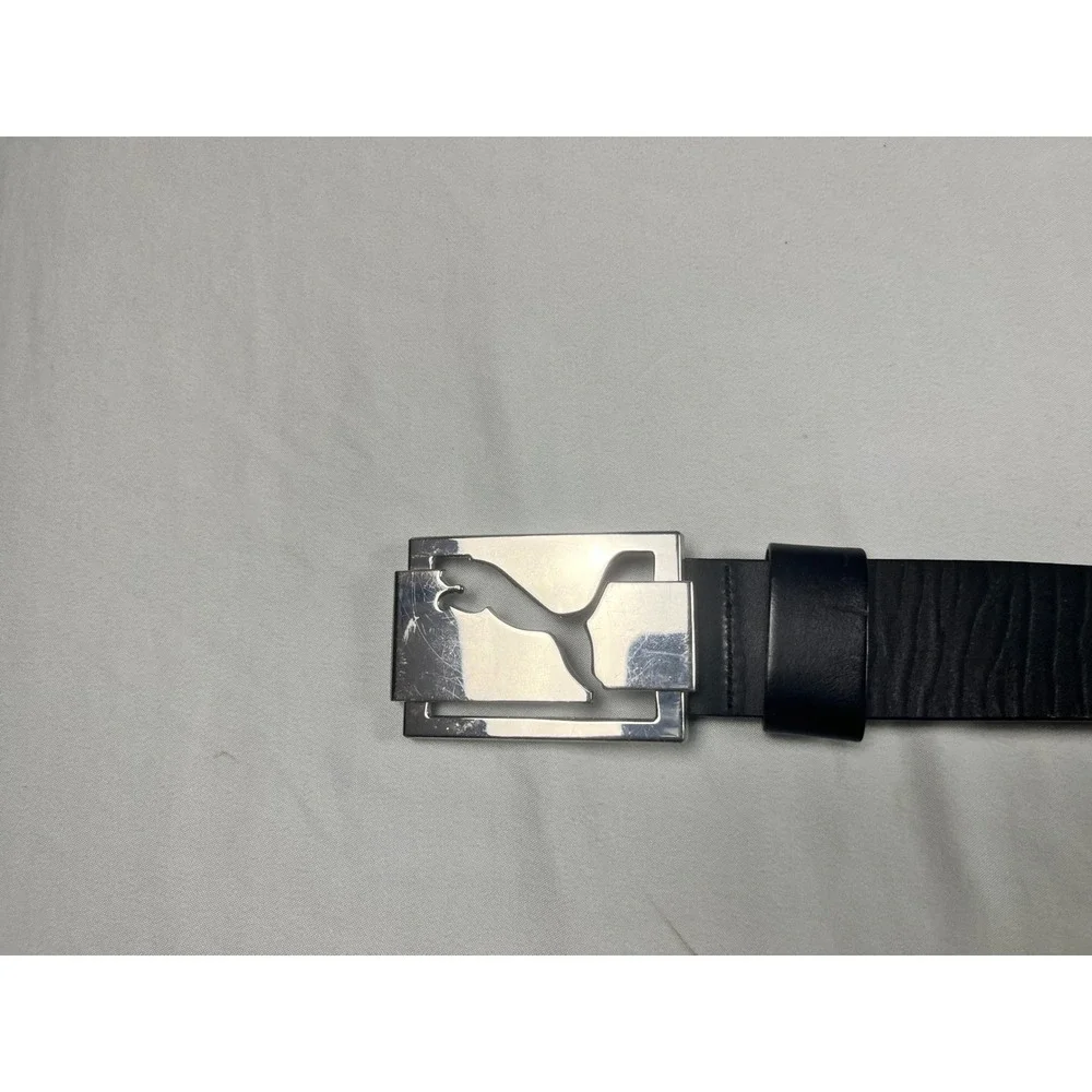 Puma Mens Black Genuine Leather Belt Silver Cutout Cat Logo Buckle Size L 100cm